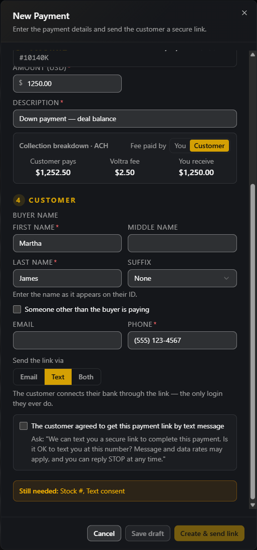 Voltra payment screen: the customer section with the phone number field, the Send the link via Text option, and the required checkbox reading The customer agreed to get this payment link by text message, with the script staff read to the customer shown beneath it.